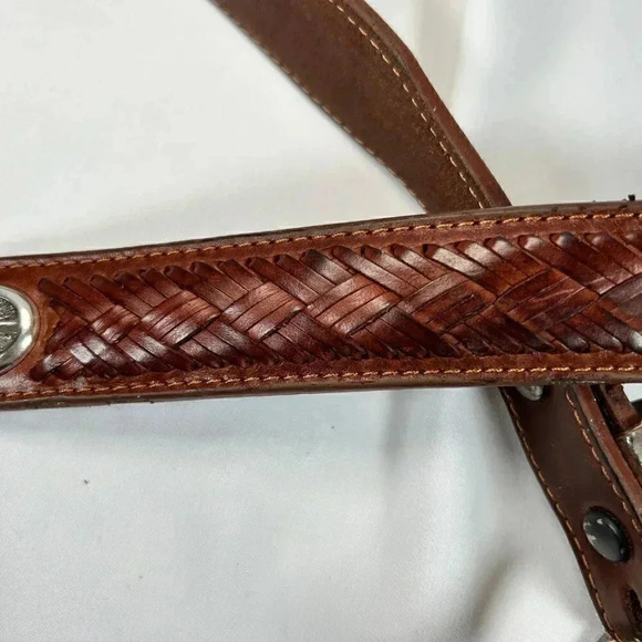 Badger Brown Leather Braided Moose Detail Removable Buckle Belt 46.5” Long - Picture 3 of 10